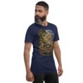 Navy Kurdistan unisex t-shirt, front view with Ziwiye fortress and golden Mannaean motifs design