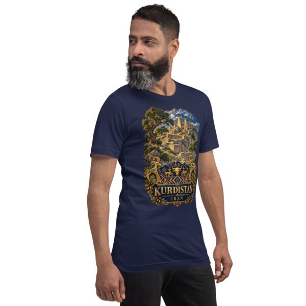 unisex-staple-t-shirt-navy-right-front-6acbcf7f1fe88.jpg Navy Kurdistan unisex t-shirt, front view with Ziwiye fortress and golden Mannaean motifs design
