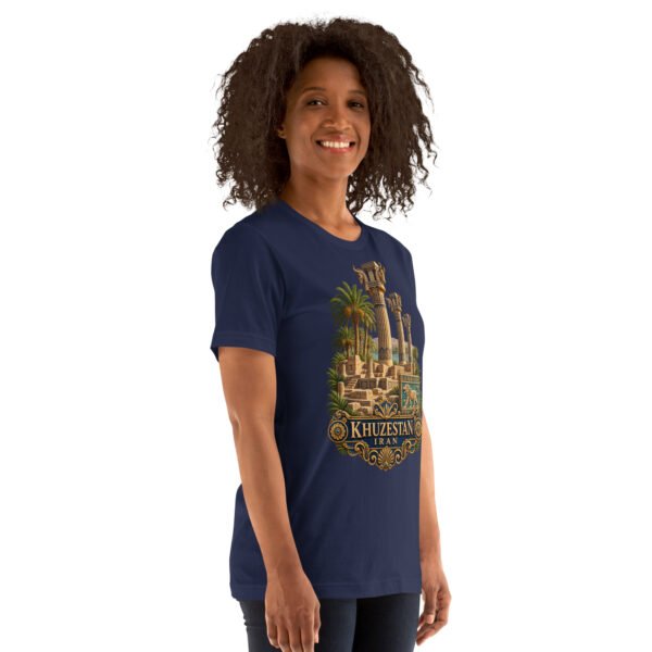 Navy Khuzestan unisex t-shirt, front view with ancient Susa design