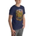 Navy North Khorasan unisex t-shirt, front view with historic citadel of Shirvan and vineyards design