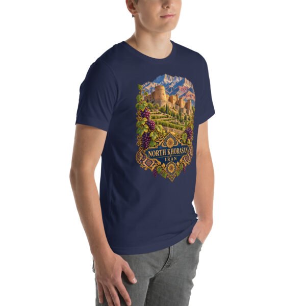 Navy North Khorasan unisex t-shirt, front view with historic citadel of Shirvan and vineyards design
