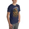 Navy Khorasan Razavi unisex t-shirt, front view with Tomb of Ferdowsi in ancient Tus design