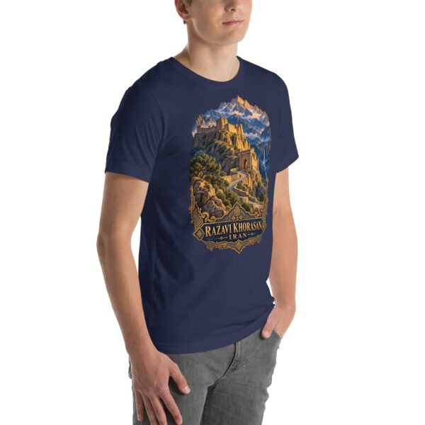 Navy Khorasan Razavi unisex t-shirt, front view with Tomb of Ferdowsi in ancient Tus design