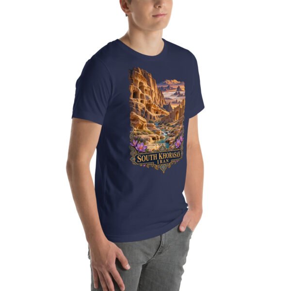 Navy South Khorasan unisex t-shirt, front view with historic citadel of Birjand design