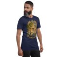 Navy Kermanshah unisex t-shirt, front view with Taq-e Bostan Sasanian rock reliefs design