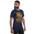 Navy Hormozgan unisex t-shirt, front view with Portuguese Castle of Hormuz and the Persian Gulf design