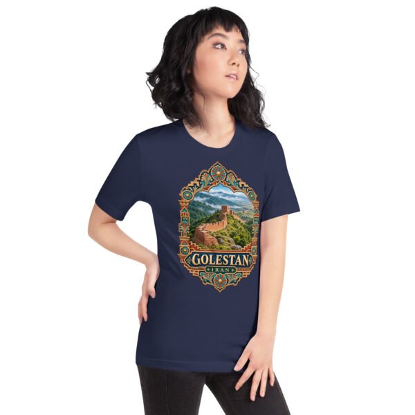 Navy Golestan unisex t-shirt, front view with Sasanian Great Wall of Gorgan design