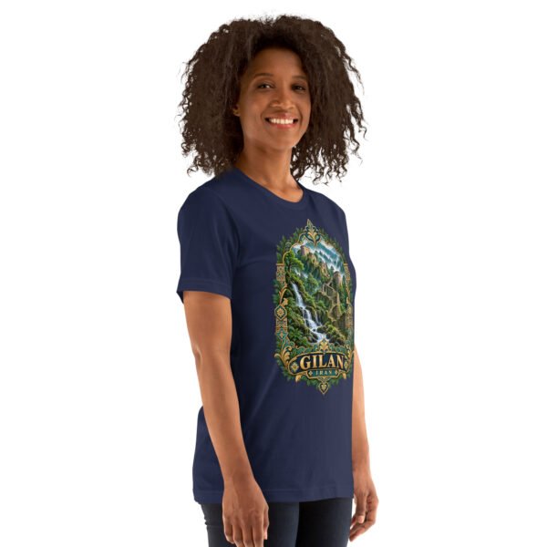 Navy Gilan unisex t-shirt, front view with Rudkhan Castle in the Hyrcanian forest design