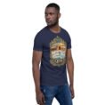 Navy Qom unisex t-shirt, front view with Deir-e Gachin caravanserai in the desert design