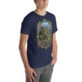 Navy Qazvin unisex t-shirt, front view with Alamut Castle on its rocky Alborz cliff design