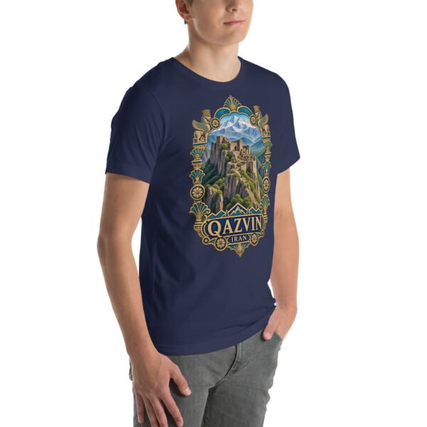 Navy Qazvin unisex t-shirt, front view with Alamut Castle on its rocky Alborz cliff design