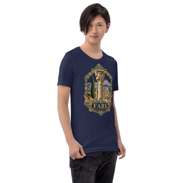Navy Fars unisex t-shirt, front view with Persepolis and Achaemenid columns design