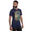 Navy Bushehr unisex t-shirt, front view with ancient port of Siraf and the Persian Gulf design