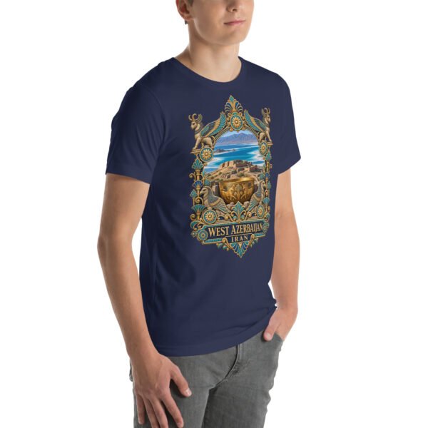 Navy West Azerbaijan unisex t-shirt, front view with Lake Urmia and the ancient Hasanlu mound design