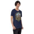 Navy Ardabil unisex t-shirt, front view with ancient Shahr-e Yeri stone figures and Mount Sabalan design