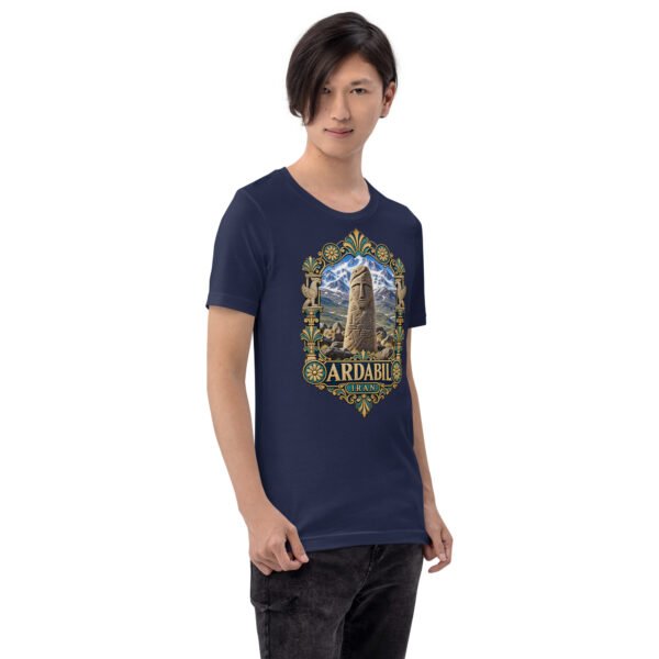 Navy Ardabil unisex t-shirt, front view with ancient Shahr-e Yeri stone figures and Mount Sabalan design