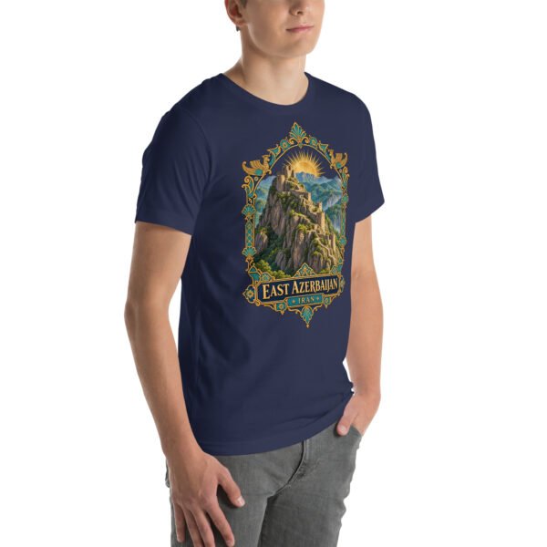 Navy East Azerbaijan unisex t-shirt, front view with Babak Castle and the Arasbaran valleys design