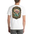 White Zanjan unisex t-shirt, back view with Katale Khor cave and the colorful mountains of Mahneshan design