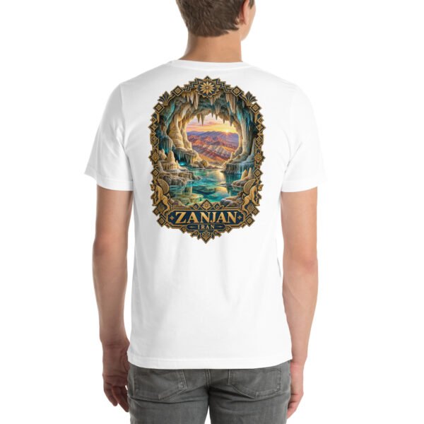 White Zanjan unisex t-shirt, back view with Katale Khor cave and the colorful mountains of Mahneshan design