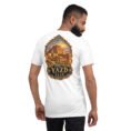 White Yazd unisex t-shirt, back view with Dowlatabad Garden windcatcher and Persian garden design