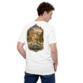 White Tehran unisex t-shirt, back view with Azadi Tower and Mount Damavand design