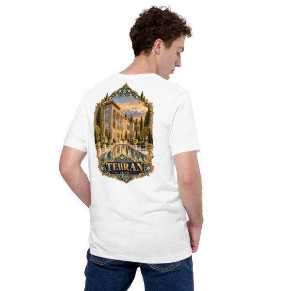 White Tehran unisex t-shirt, back view with Azadi Tower and Mount Damavand design