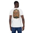 White Sistan and Baluchestan unisex t-shirt, back view with Makran coast and the miniature mountains of Chabahar design