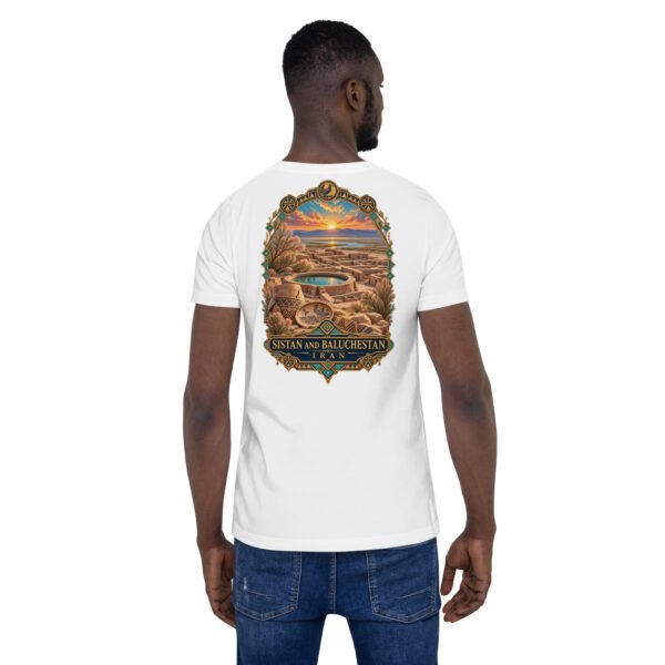 White Sistan and Baluchestan unisex t-shirt, back view with Makran coast and the miniature mountains of Chabahar design