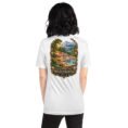 White Mazandaran unisex t-shirt, back view with Veresk Bridge and the slopes of the Alborz design