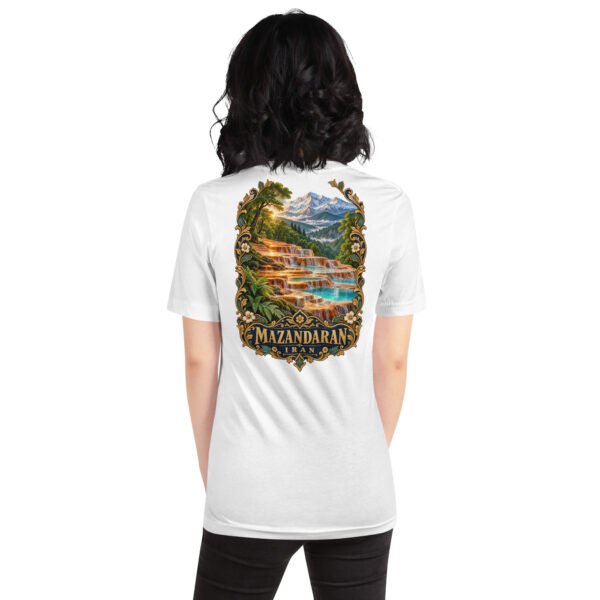 White Mazandaran unisex t-shirt, back view with Veresk Bridge and the slopes of the Alborz design