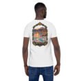 White Markazi unisex t-shirt, back view with mountains of Haftad Gholleh in central Iran design