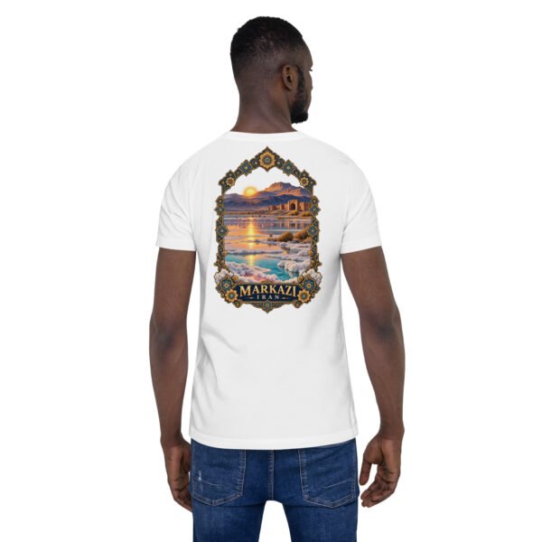 White Markazi unisex t-shirt, back view with mountains of Haftad Gholleh in central Iran design