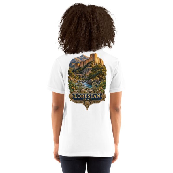 White Lorestan unisex t-shirt, back view with Falak-ol-Aflak Castle in Khorramabad design