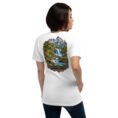 White Kohgiluyeh and Boyer-Ahmad unisex t-shirt, back view with Yasuj waterfall and Zagros oak forests design