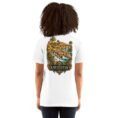 White Khuzestan unisex t-shirt, back view with Shushtar Historical Hydraulic System and its waterfalls design