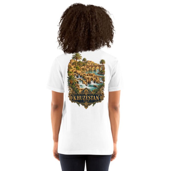 White Khuzestan unisex t-shirt, back view with Shushtar Historical Hydraulic System and its waterfalls design