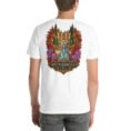 White South Khorasan unisex t-shirt, back view with Lut Desert with barberry and saffron fields design