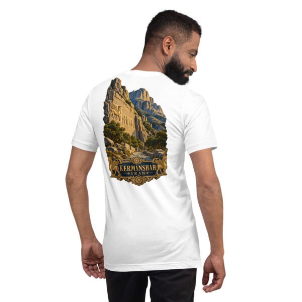 White Kermanshah unisex t-shirt, back view with Behistun Inscription of Darius the Great design
