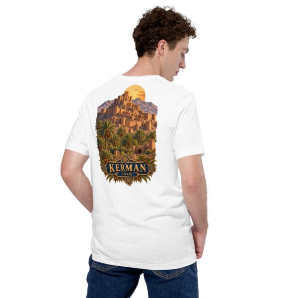 unisex-staple-t-shirt-white-back-6acbd5352c510.jpg White Kerman unisex t-shirt, back view with Kaluts of Shahdad and the Shazdeh Garden of Mahan design