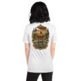 White Isfahan unisex t-shirt, back view with Naqsh-e Jahan Square and Ali Qapu Palace design