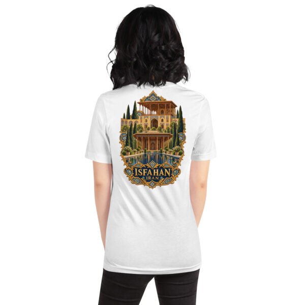 White Isfahan unisex t-shirt, back view with Naqsh-e Jahan Square and Ali Qapu Palace design