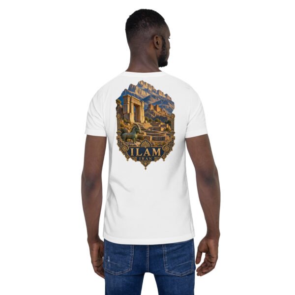 White Ilam unisex t-shirt, back view with Zagros mountains and ancient Elamite rock reliefs design