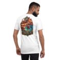 White Hormozgan unisex t-shirt, back view with Laft windcatchers, colorful Hormuz soil and the Persian Gulf design