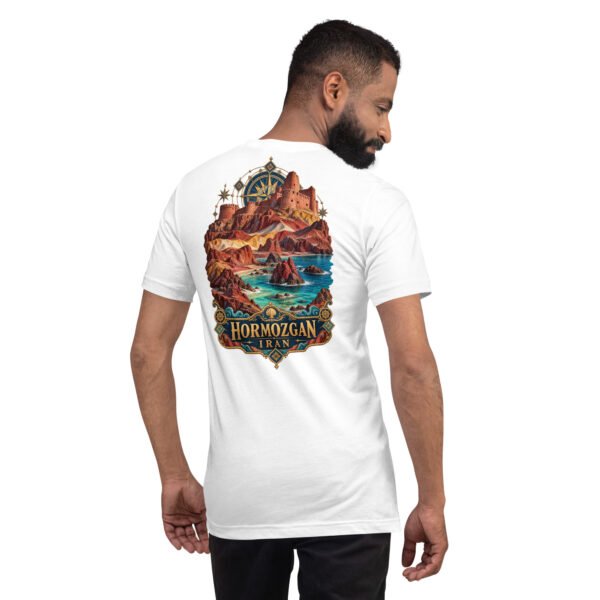 White Hormozgan unisex t-shirt, back view with Laft windcatchers, colorful Hormuz soil and the Persian Gulf design