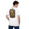 White Hamedan unisex t-shirt, back view with Ganjnameh inscriptions and Mount Alvand design