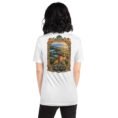 White Golestan unisex t-shirt, back view with Great Wall of Gorgan, Hyrcanian forest and northern plains design