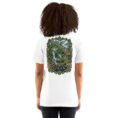 White Gilan unisex t-shirt, back view with Rudkhan Castle, misty forest and waterfalls design