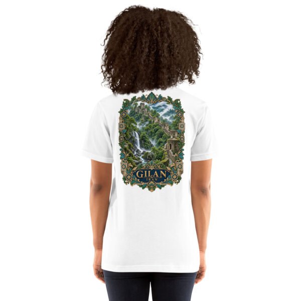 White Gilan unisex t-shirt, back view with Rudkhan Castle, misty forest and waterfalls design