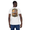 White Qom unisex t-shirt, back view with Deir-e Gachin caravanserai, desert and salt lake design