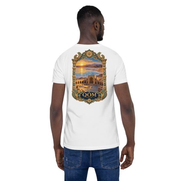 White Qom unisex t-shirt, back view with Deir-e Gachin caravanserai, desert and salt lake design